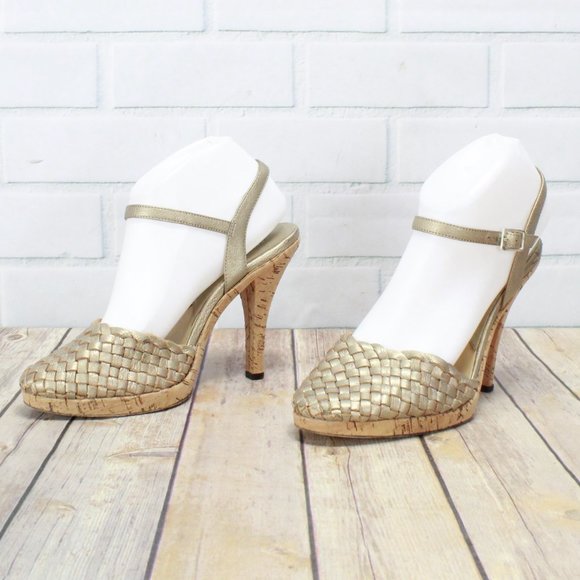 Michael Kors Gianna Gold Woven Leather Heeled Ankle Strap Cork Sandals Size 7.5 - Picture 2 of 8